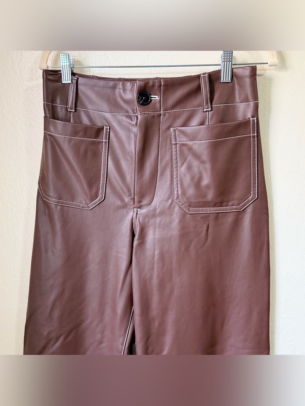 Anthropologie Maeve Colette Faux Leather Crop Wide‎ Leg Pants Brown Stitch 27 - Picture 4 of 9